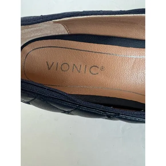 Vionic Ruby Olympia Quilted Leather Navy Blue Cap Toe Block Pump Heel Size 7