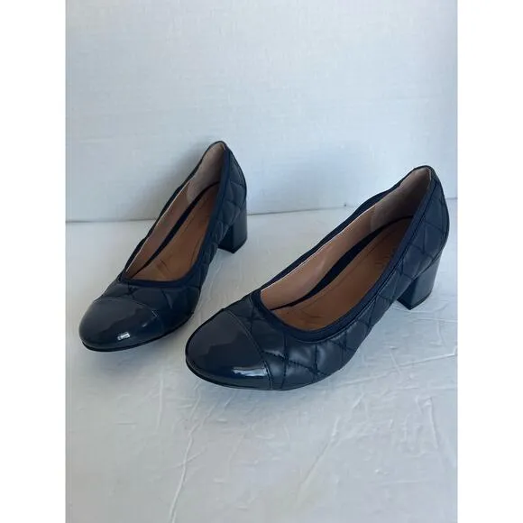 Vionic Ruby Olympia Quilted Leather Navy Blue Cap Toe Block Pump Heel Size 7