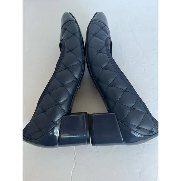 Vionic Ruby Olympia Quilted Leather Navy Blue Cap Toe Block Pump Heel Size 7