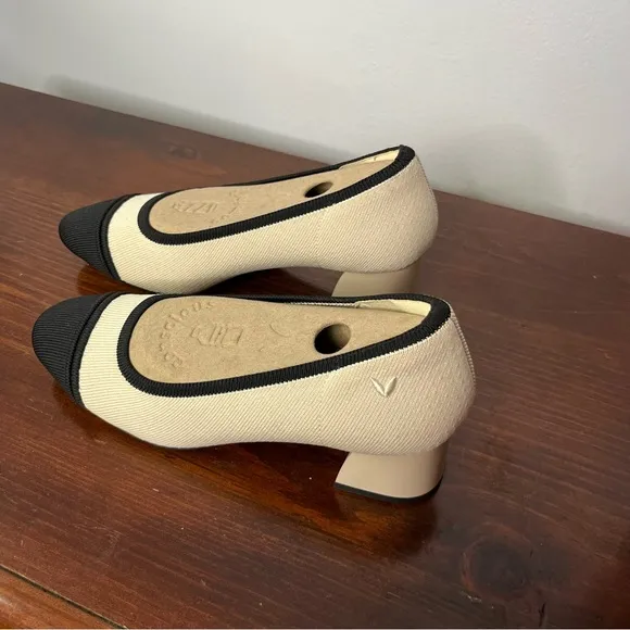 Vivaia Shoes Women's 37.5 Beige Black Julia Pro Almond Toe Chunky Heel