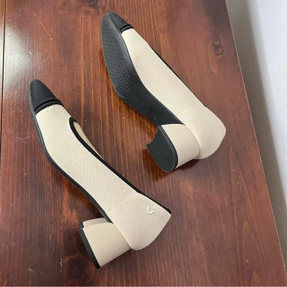 Vivaia Shoes Women's 37.5 Beige Black Julia Pro Almond Toe Chunky Heel