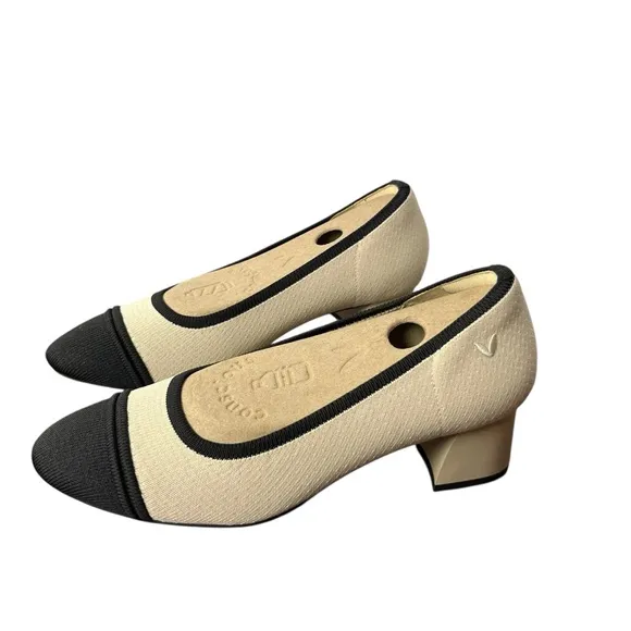 Vivaia Shoes Women's 37.5 Beige Black Julia Pro Almond Toe Chunky Heel