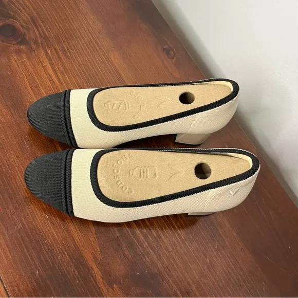 Vivaia Shoes Women's 37.5 Beige Black Julia Pro Almond Toe Chunky Heel