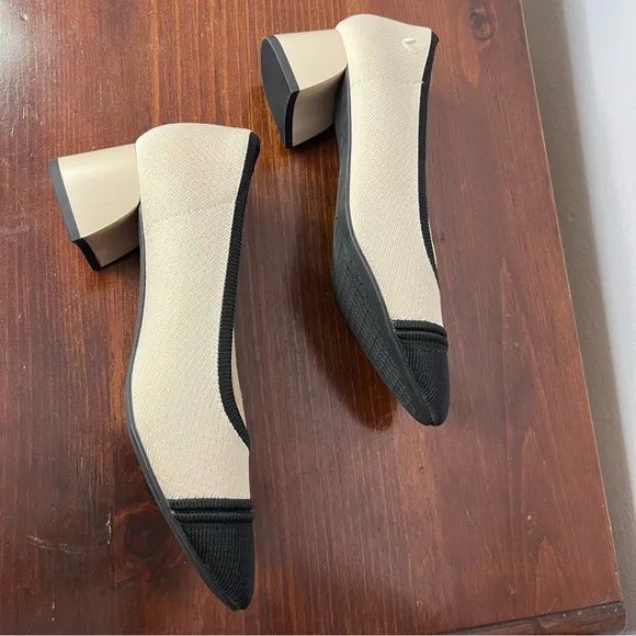 Vivaia Shoes Women's 37.5 Beige Black Julia Pro Almond Toe Chunky Heel