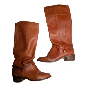 Vtg 1970s Cognac Brown Leather Almond Toe Harness Knee High Western Boots 8.5