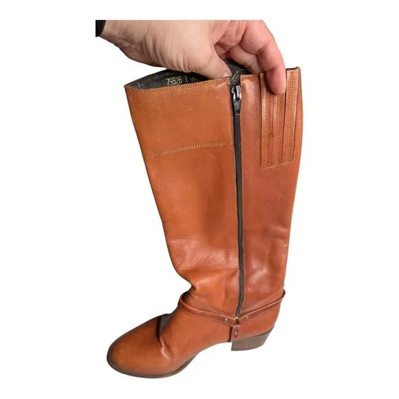 Vtg 1970s Cognac Brown Leather Almond Toe Harness Knee High Western Boots 8.5