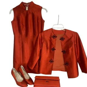 Vtg‎ 60s Handmade Pencil Dress Jacket Red Orange Silk Shoes Purse XS READ