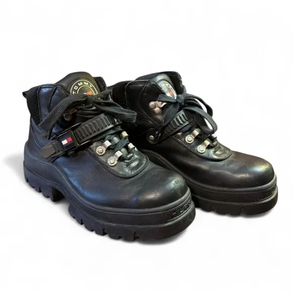 VTG 90s Tommy Hilfiger Women's 8.5 Platform Ankle Combat Boots Streetwear Strap