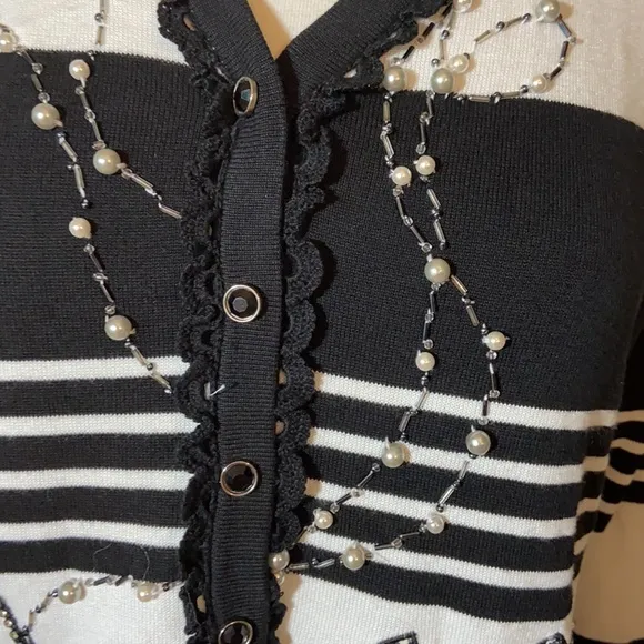 Vtg Berek beaded Shopping Print Pearls Cardigan L