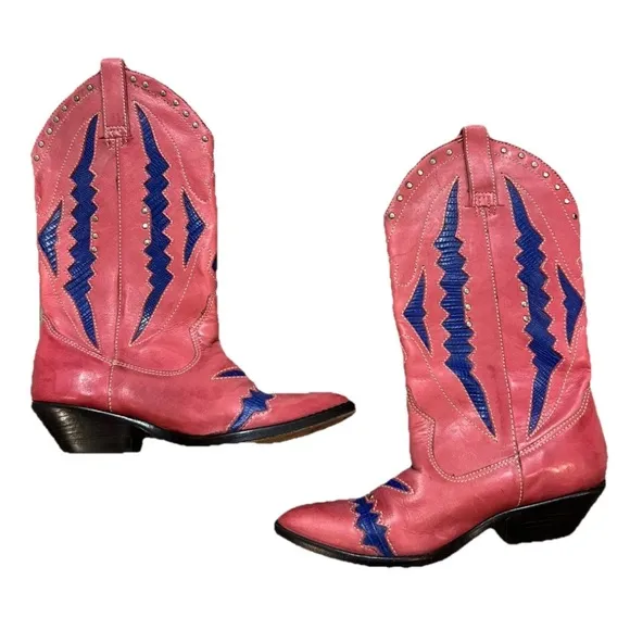VTG Circles Brand Pink &amp; Purple Leather Cowboy Boots Size 6 Brazil Rare Western
