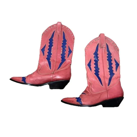 VTG Circles Brand Pink &amp; Purple Leather Cowboy Boots Size 6 Brazil Rare Western