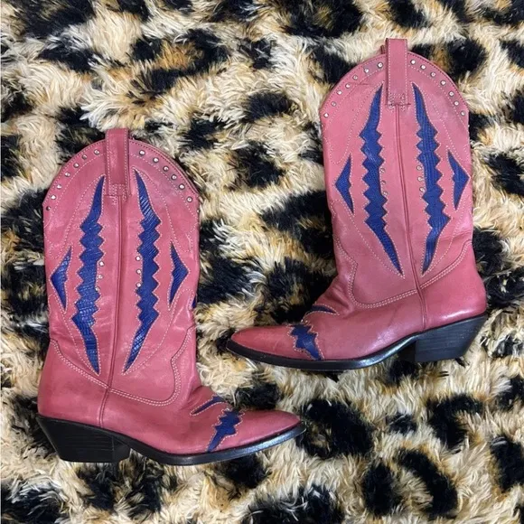 VTG Circles Brand Pink &amp; Purple Leather Cowboy Boots Size 6 Brazil Rare Western