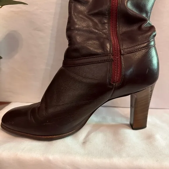 Vtg| Cobbies | knee high | side zipper | maroon | 1970’s | stacked heel | boots