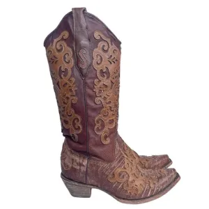 Vtg Corral C-1052 Women's Brown Leather Lizard Inlay Western Cowboy Boots 7.5 M
