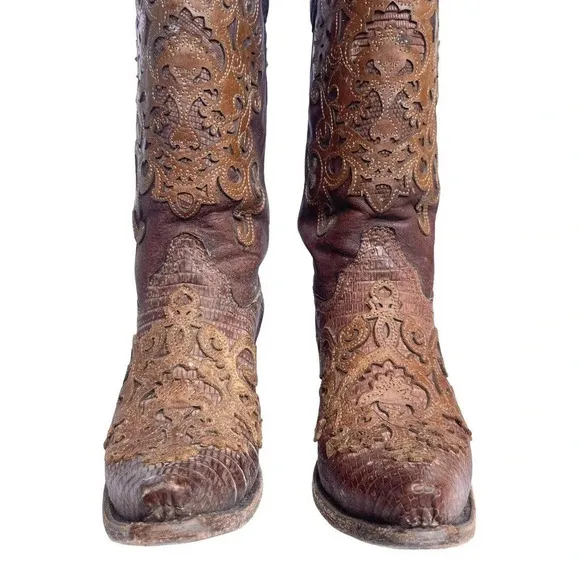 Vtg Corral C-1052 Women's Brown Leather Lizard Inlay Western Cowboy Boots 7.5 M