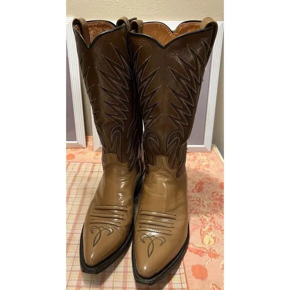 Vtg Dan Post Antique Brown Leather Pointed Toe Cowboy Boots Mens Size 7D 6154