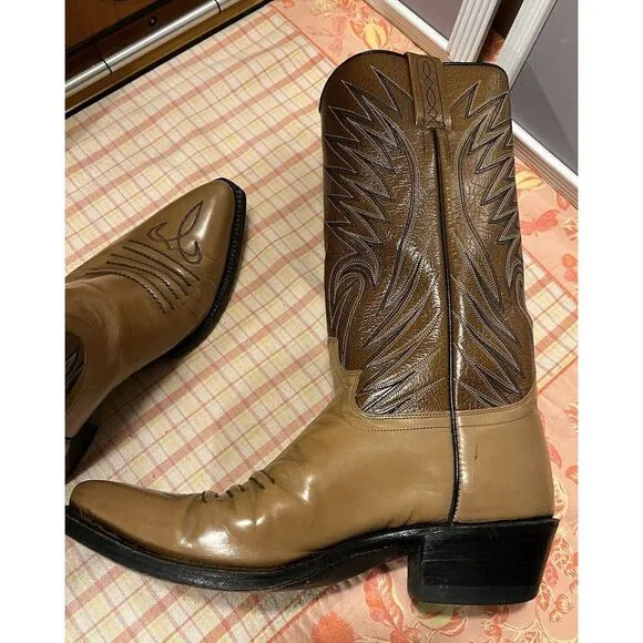 Vtg Dan Post Antique Brown Leather Pointed Toe Cowboy Boots Mens Size 7D 6154