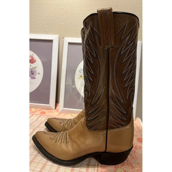 Vtg Dan Post Antique Brown Leather Pointed Toe Cowboy Boots Mens Size 7D 6154