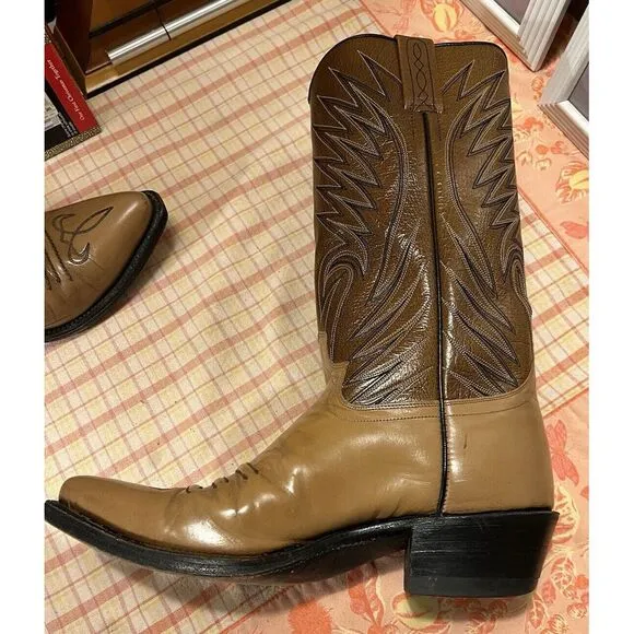 Vtg Dan Post Antique Brown Leather Pointed Toe Cowboy Boots Mens Size 7D 6154