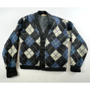 Vtg Kurt Cobain Mohair Wool Argyle Cardigan Sweater Grunge Fuzzy Shaggy L
