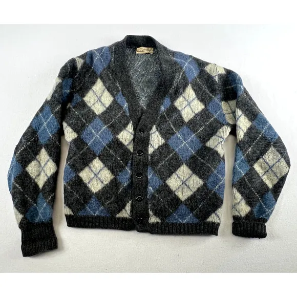 Vtg Kurt Cobain Mohair Wool Argyle Cardigan Sweater Grunge Fuzzy Shaggy L