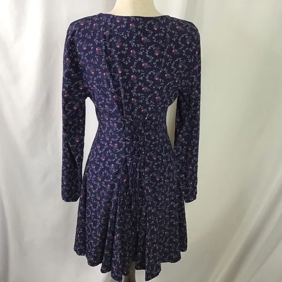 Vtg Rampage Dress Juniors Size 9 Floral Print Tie Back Long Sleeve Blue **READ