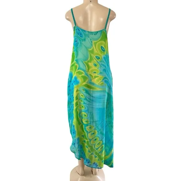 VTG Sheer Swim Cover Up Dress Glitter Butterfly Blue Green Fairycore Asymmetric