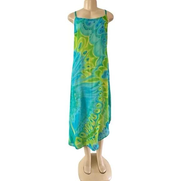 VTG Sheer Swim Cover Up Dress Glitter Butterfly Blue Green Fairycore Asymmetric