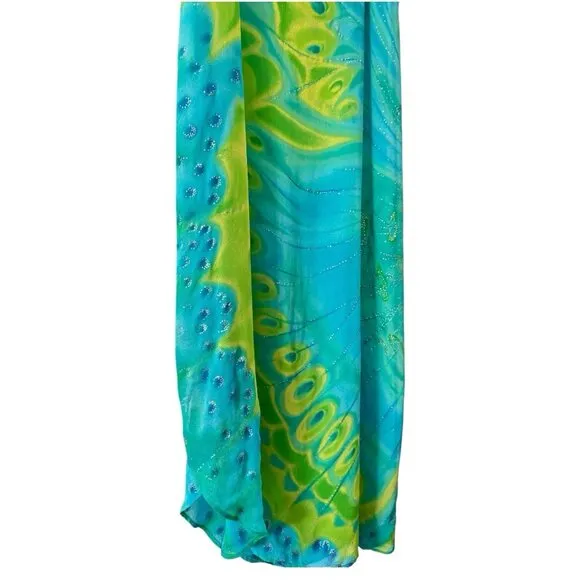 VTG Sheer Swim Cover Up Dress Glitter Butterfly Blue Green Fairycore Asymmetric