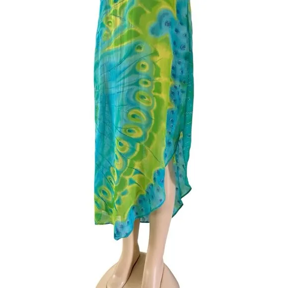 VTG Sheer Swim Cover Up Dress Glitter Butterfly Blue Green Fairycore Asymmetric