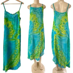 VTG Sheer Swim Cover Up Dress Glitter Butterfly Blue Green Fairycore Asymmetric
