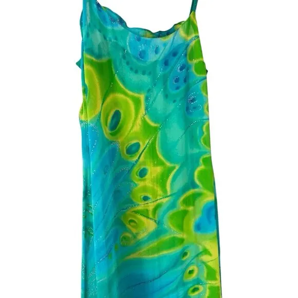 VTG Sheer Swim Cover Up Dress Glitter Butterfly Blue Green Fairycore Asymmetric
