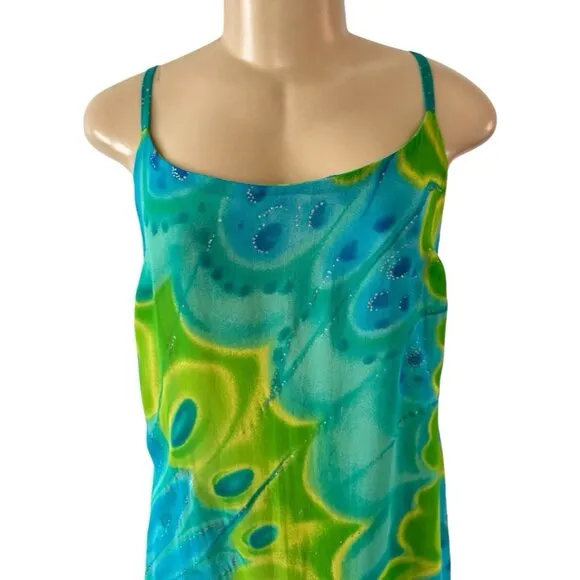 VTG Sheer Swim Cover Up Dress Glitter Butterfly Blue Green Fairycore Asymmetric