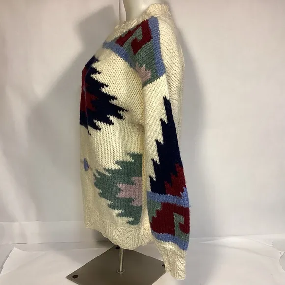 VTG Susann D hand knitted Shetland Wool Womens sweater size Medium Aztec design