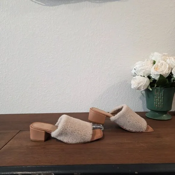 Wal &amp; Pai - Itasca Ivory Shearling Leather Square Toe Mule Sandals 37 (US 6.5)