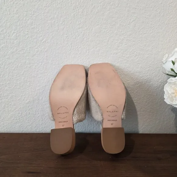Wal &amp; Pai - Itasca Ivory Shearling Leather Square Toe Mule Sandals 37 (US 6.5)
