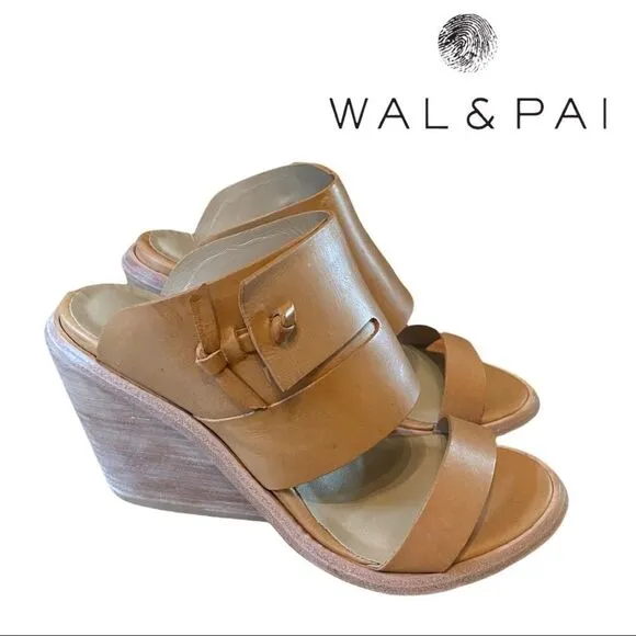 Wal &amp; Pai &quot;Cole&quot; Nude Calf Leather Slide Wedge Sandals with Box 38 7.5