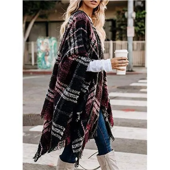Women Boho Buffalo Plaid Poncho Pashmina Shawl‎ Wrap Cape Sweater Knit Cardigan