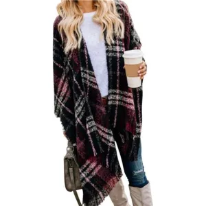 Women Boho Buffalo Plaid Poncho Pashmina Shawl‎ Wrap Cape Sweater Knit Cardigan