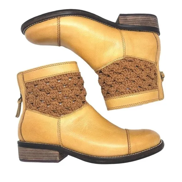 🤩Women Boots Sz 7.5 Latigo leather Crochet Booties Carly Zip Caramel brown New