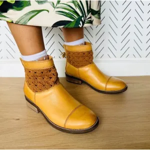 🤩Women Boots Sz 7.5 Latigo leather Crochet Booties Carly Zip Caramel brown New