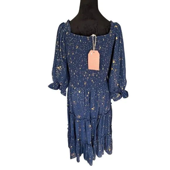 Women L Ivy City Co Starry Nights Dress NWT Gold Star Smocked Boho Holiday NYE