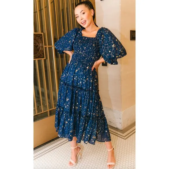 Women L Ivy City Co Starry Nights Dress NWT Gold Star Smocked Boho Holiday NYE