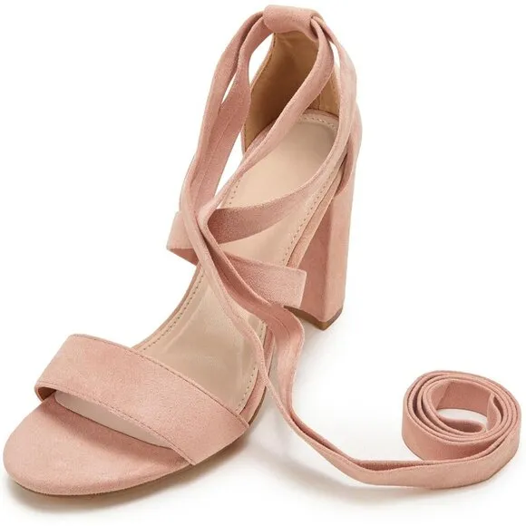 Women Pink Shoes Suede Strappy Heels Lace up High Heeled Sandals