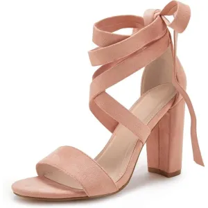 Women Pink Shoes Suede Strappy Heels Lace up High Heeled Sandals