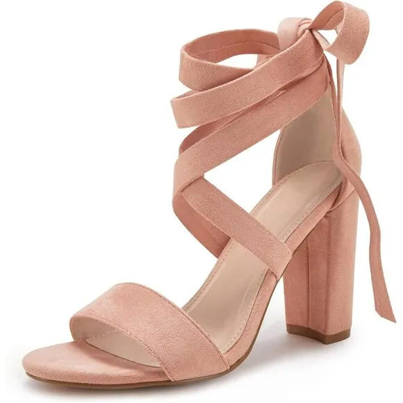 Women Pink Shoes Suede Strappy Heels Lace up High Heeled Sandals