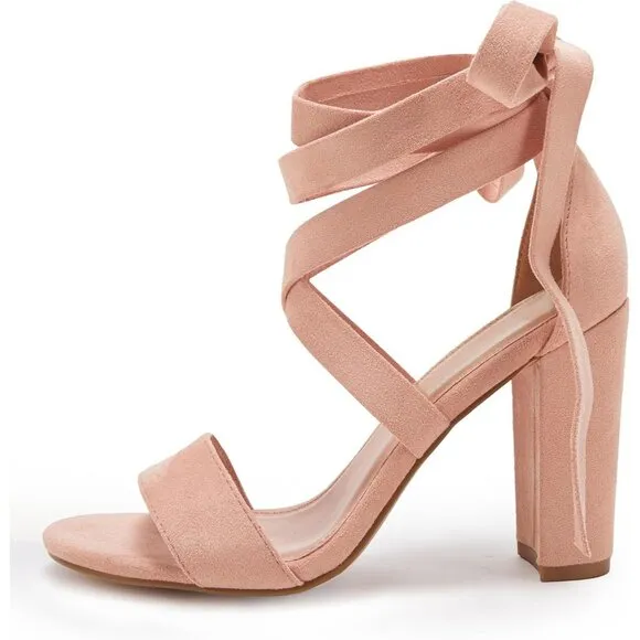 Women Pink Shoes Suede Strappy Heels Lace up High Heeled Sandals