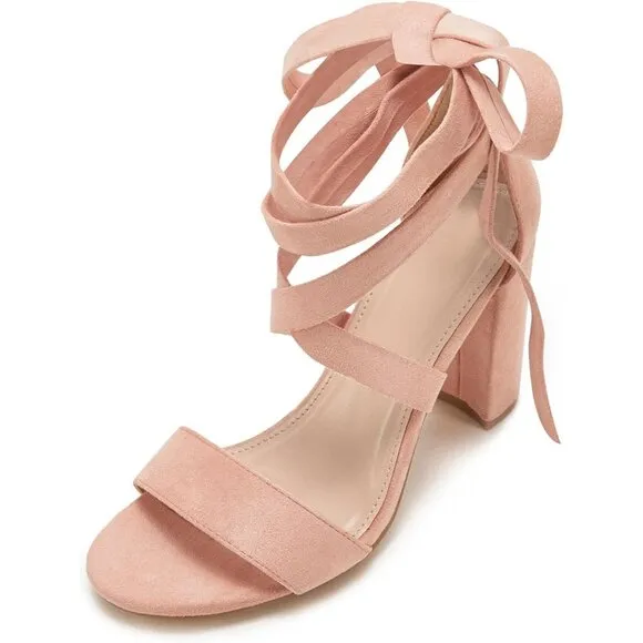 Women Pink Shoes Suede Strappy Heels Lace up High Heeled Sandals