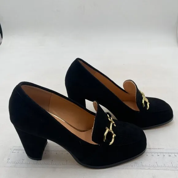 Women Platform Round Toe Pumps Chain Chunky High Heel Loafers Black Shoes