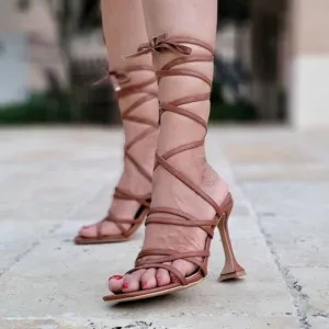 Women's Brown Strappy Pyramid Heel Gladiator Sandals